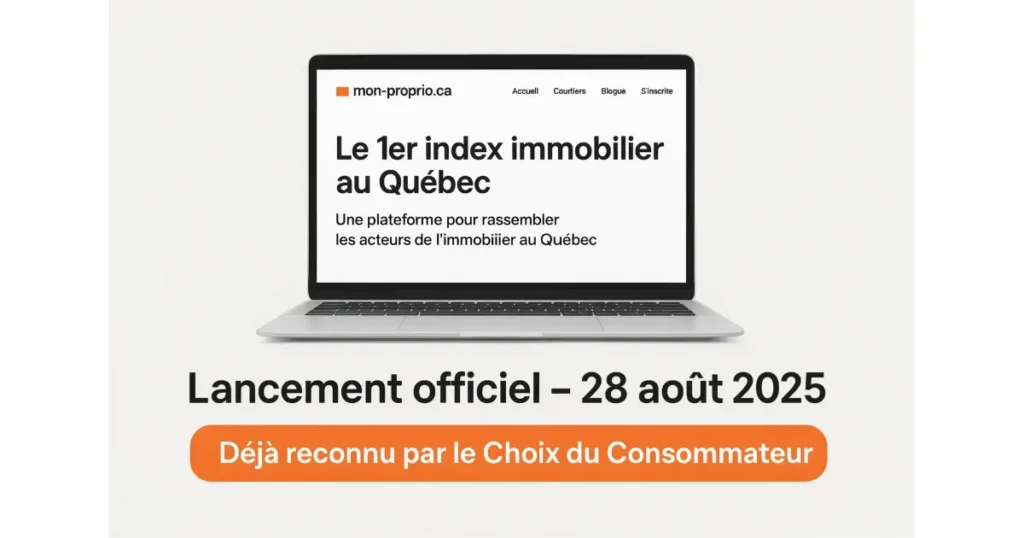 Écran présentant Mon-Proprio.ca, plateforme immobilière regroupant les professionnels et acteurs de l’immobilier au Québec