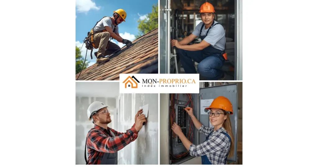 Montage présentant des professionnels en toiture, portes et fenêtres, plâtrage et électricité résidentielle