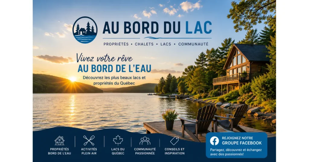 Affiche promotionnelle Au Bord du Lac présentant un chalet au bord de l’eau au coucher du soleil avec vue sur un lac du Québec, propriétés riveraines, communauté et groupe Facebook.