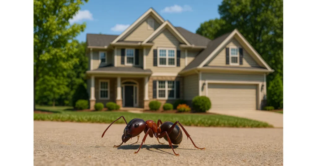 Fourmi devant une maison résidentielle illustrant un problème potentiel d’infestation
