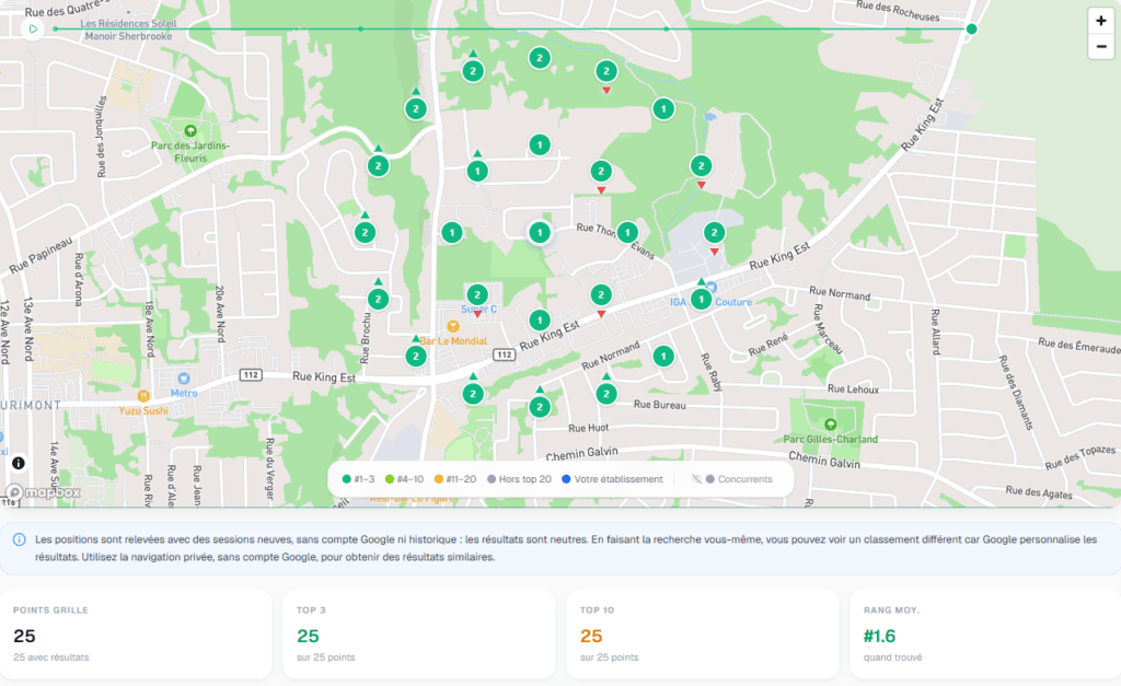 Grille de positionnement Google Maps dans Izy Local montrant le classement local d'une fiche Google Business Profile.