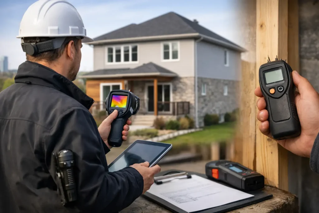 Équipements utilisés lors d'une inspection en bâtiment au Québec : caméra thermique, humidimètre, drone, testeur de