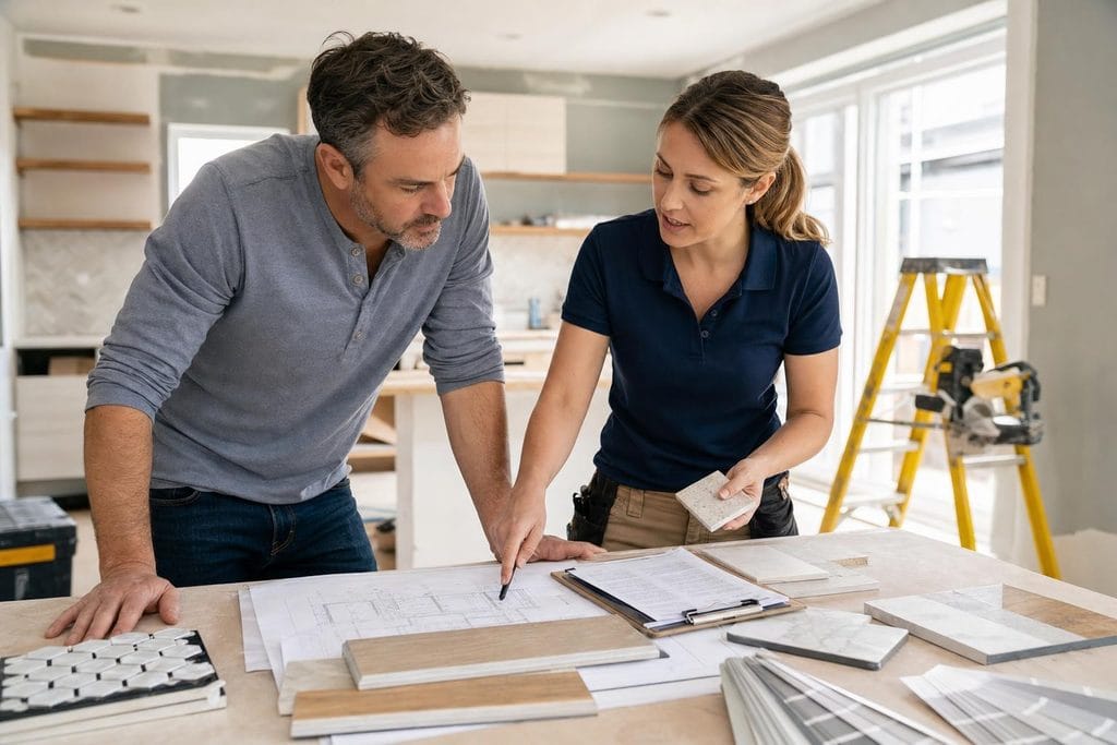 Propriétaire et entrepreneure comparant des plans et une soumission pour un projet de rénovation au Québec