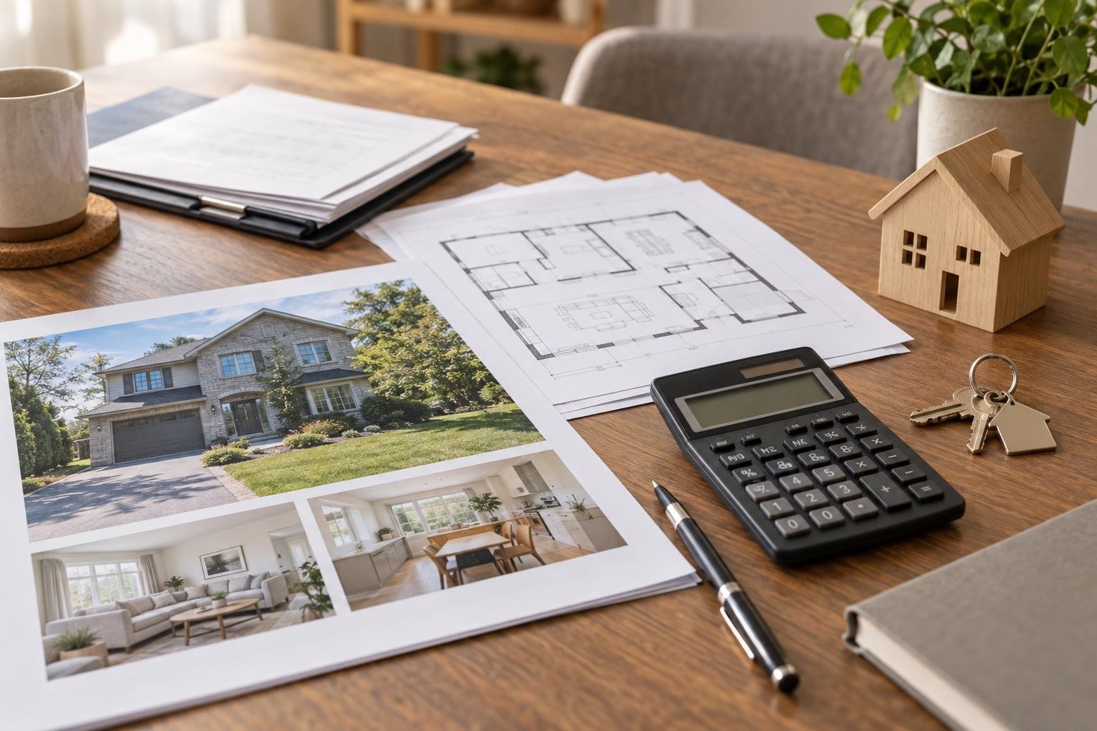 Documents immobiliers, plan de maison et calculatrice pour préparer une évaluation dans une succession