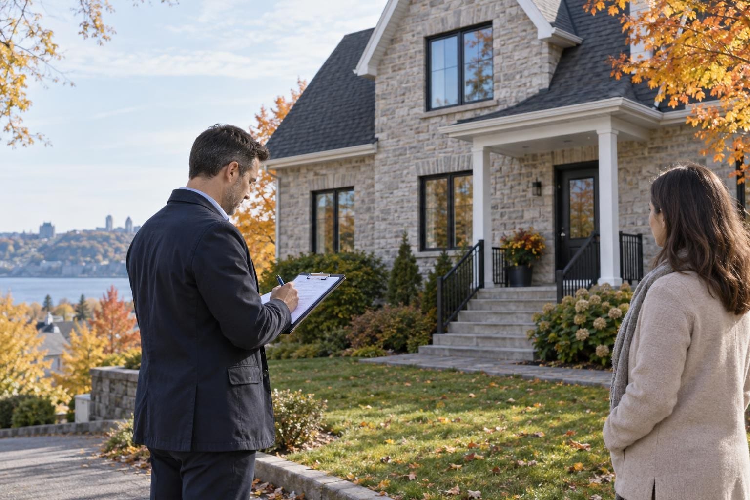 Professionnel prenant des notes devant une maison québécoise pendant une visite d’évaluation