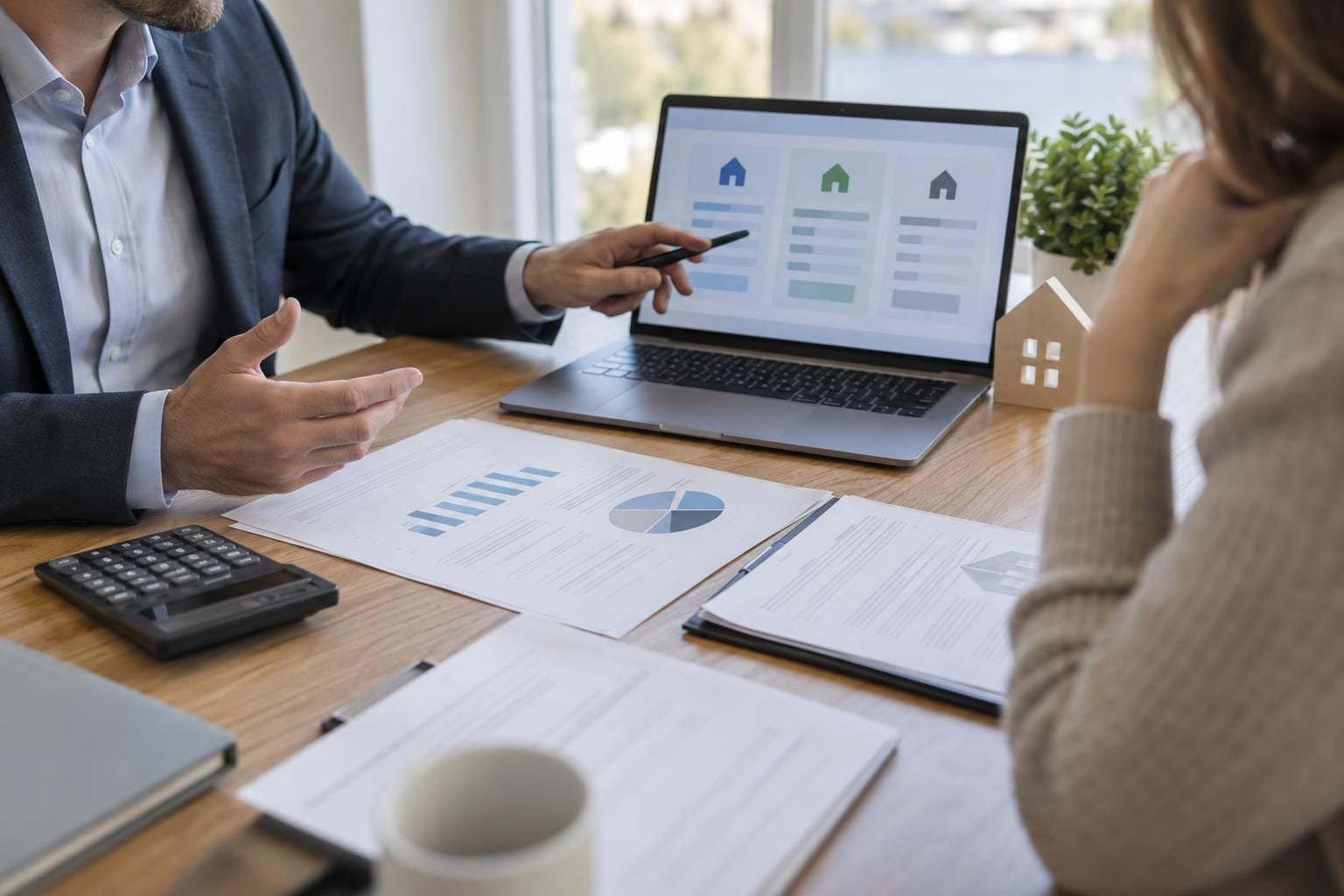 Un professionnel explique différentes options de financement à l’aide d’un ordinateur et de documents