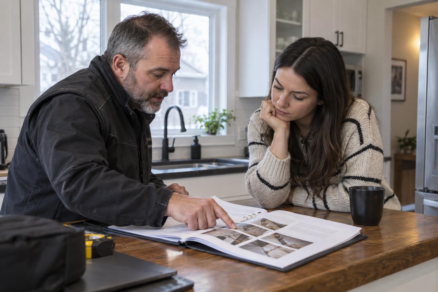 Un inspecteur explique un rapport d’inspection à une acheteuse dans une maison au Québec