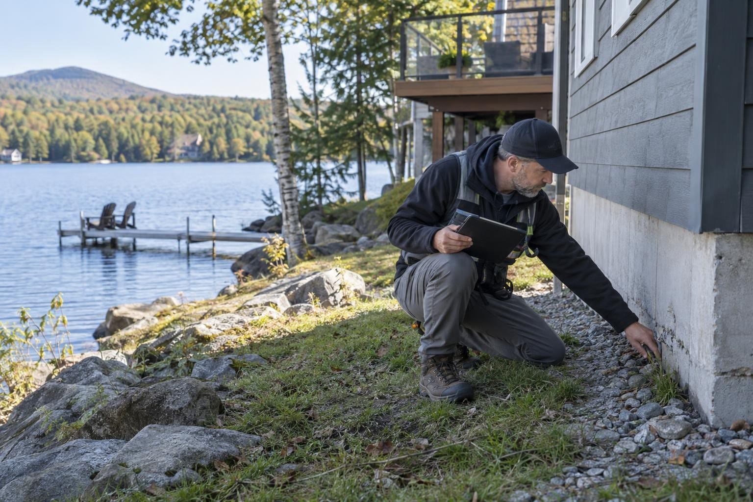 Un inspecteur vérifie le drainage et les fondations d’une maison au bord d’un lac au Québec