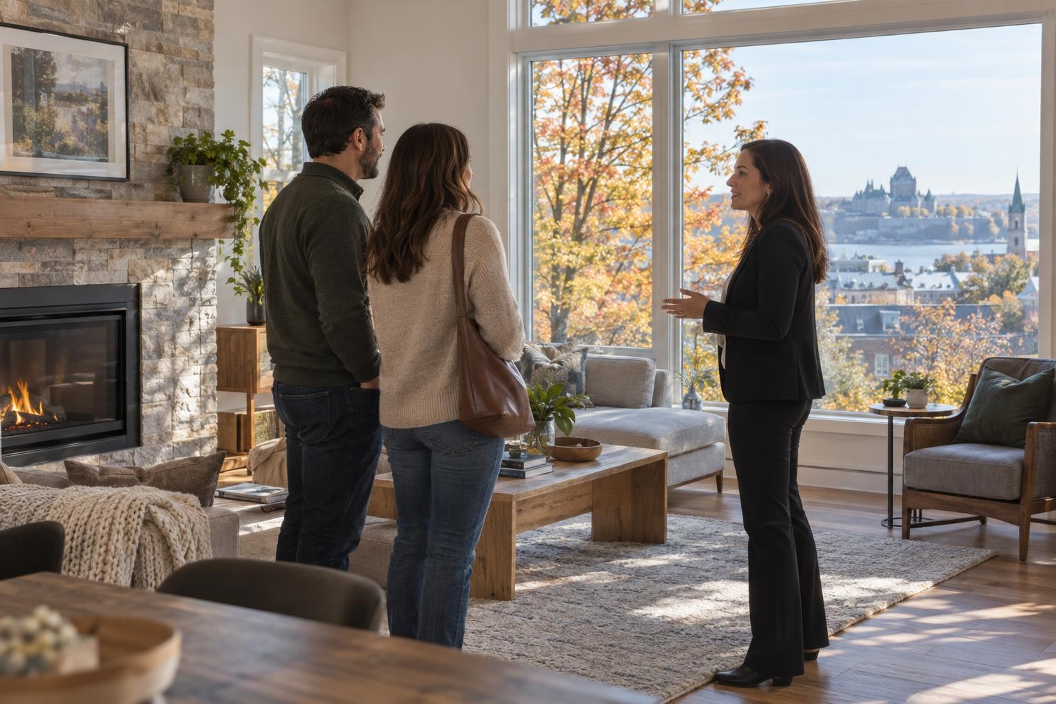Un couple découvre une propriété pendant une visite libre avec une courtière immobilière.
