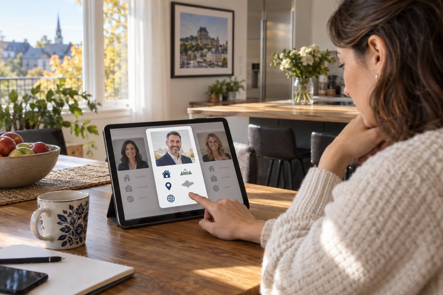 Consulter les profils du bottin immobilier québécois Une acheteuse consulte des profils de professionnels de l’immobilier au Québec sur une tablette