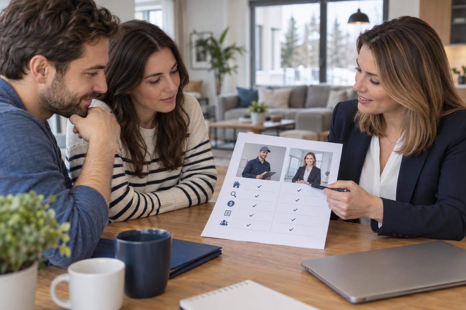 Des acheteurs comparent les profils de professionnels avec une conseillère immobilière