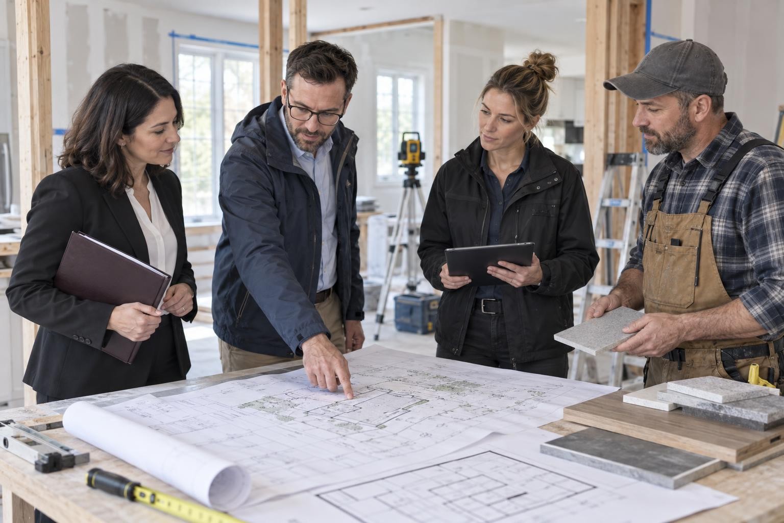 Des professionnels examinent ensemble des plans lors d’un projet de rénovation