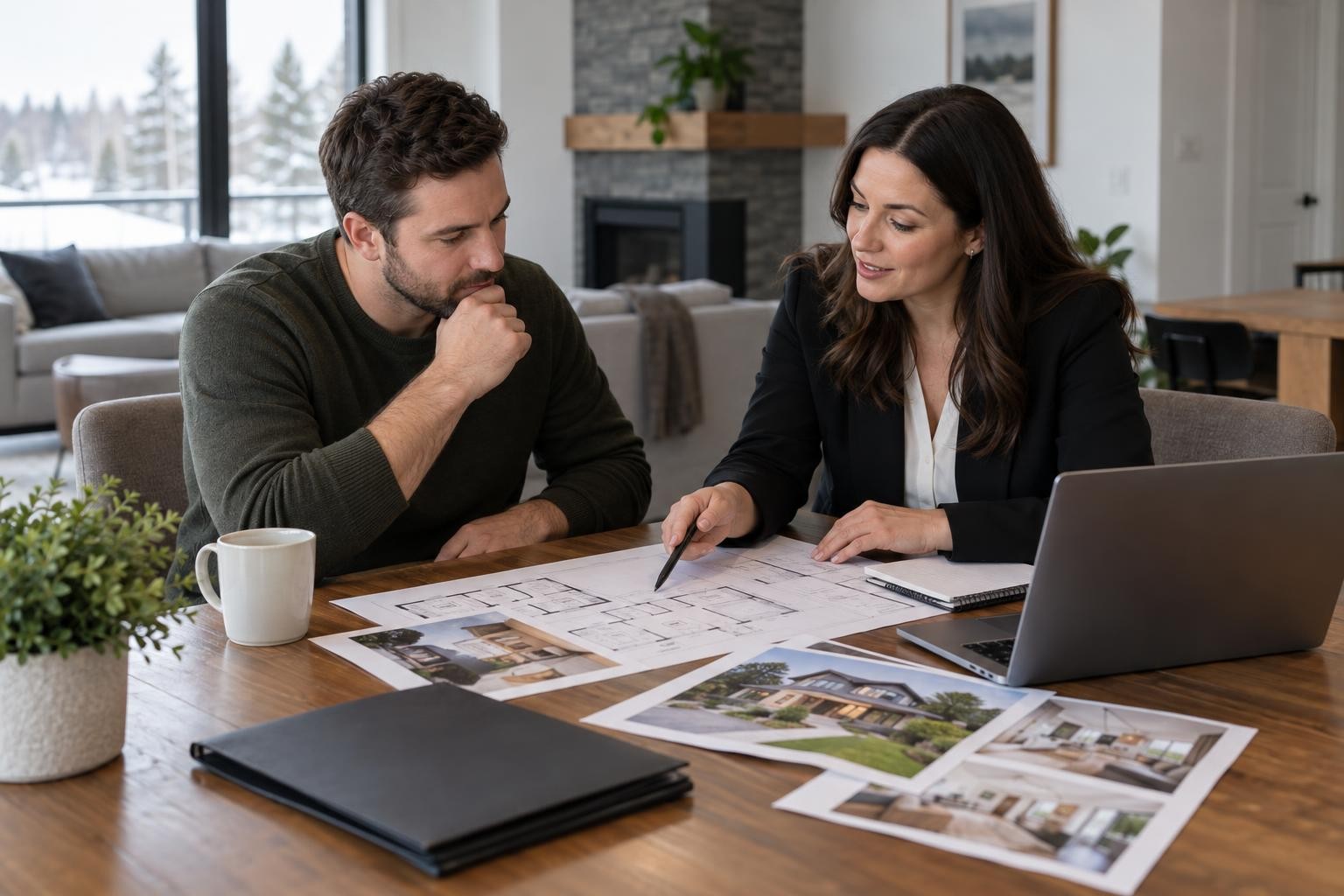Des clients discutent de leur projet immobilier et des services avec une professionnelle